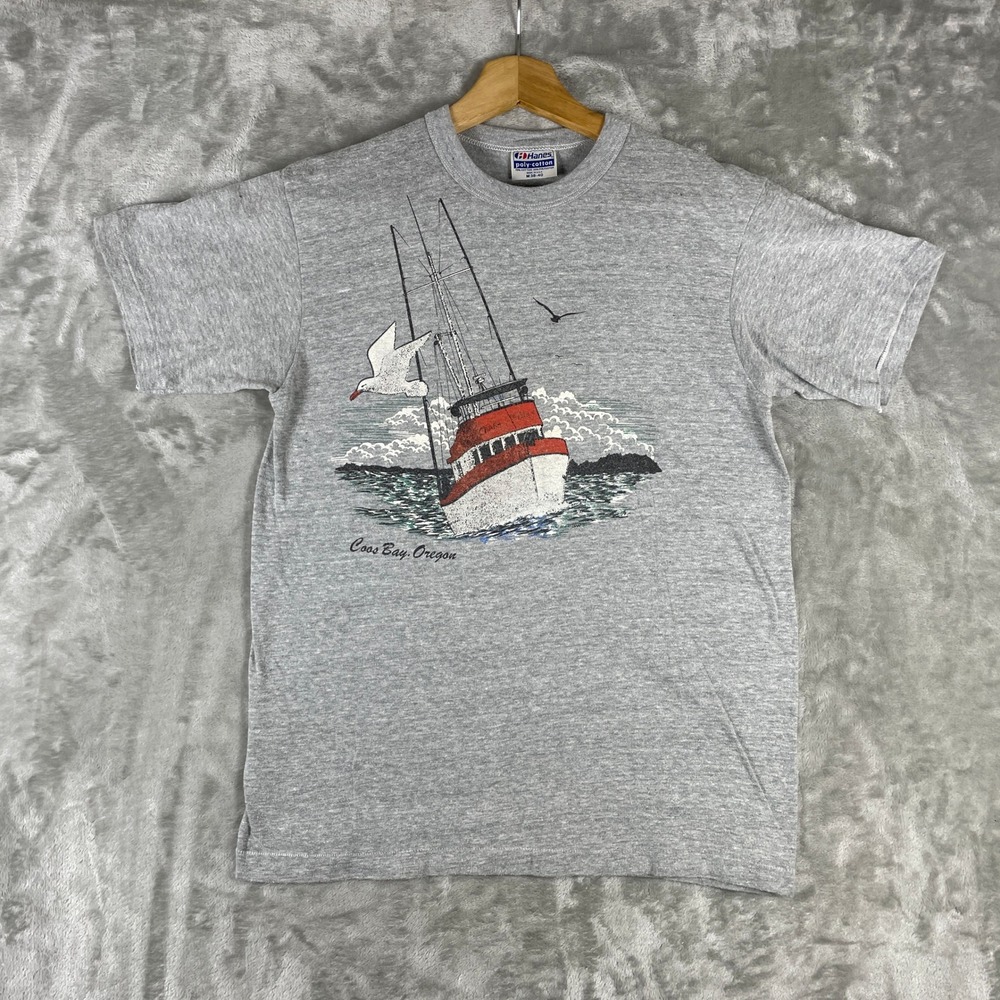 Vintage 80s Hanes T Shirt Mens M Gray Coos Bay Oregon Fishing Graphic Tee Thin